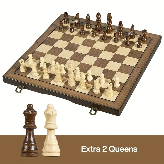 39.3cm / 15.47in Magnetic Wooden Folding Chess Set with 2 Extra Queens – Travel & Tournament