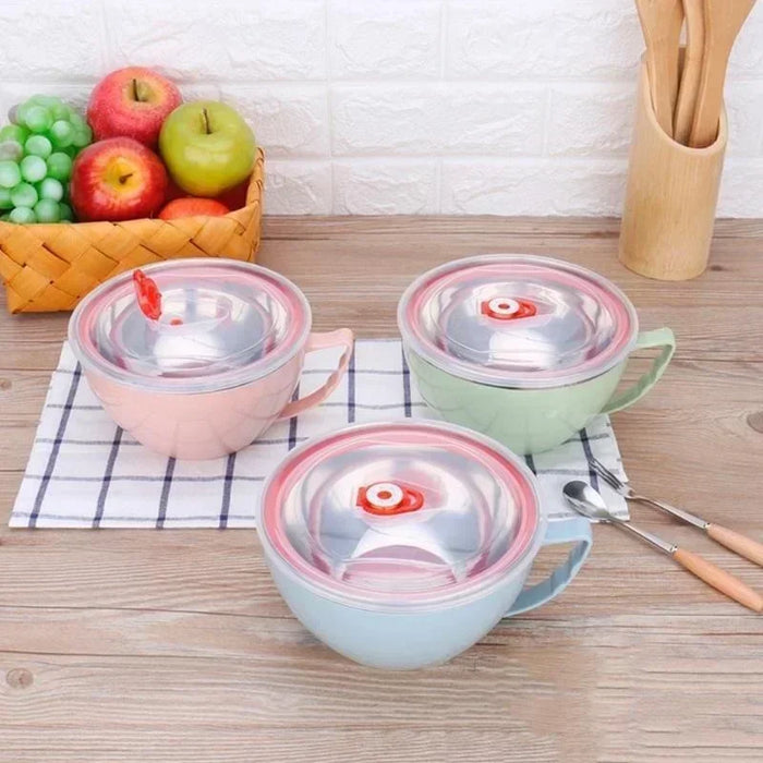 Stainless Steel Instant Noodle Bowl with Handle — 900ml, Cool‑Touch Outer (Pink/Green/Blue)