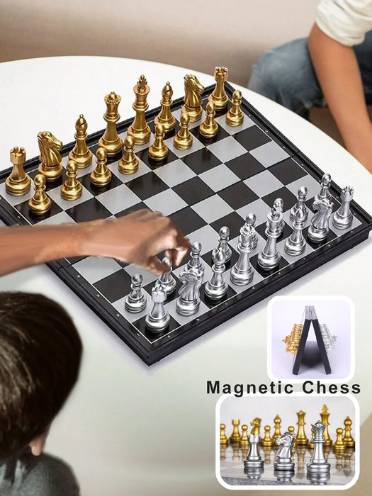 Magnetic Folding Chess Set — Gold & Silver Pieces, Portable Travel Board (7.5 in & 9.8 in)