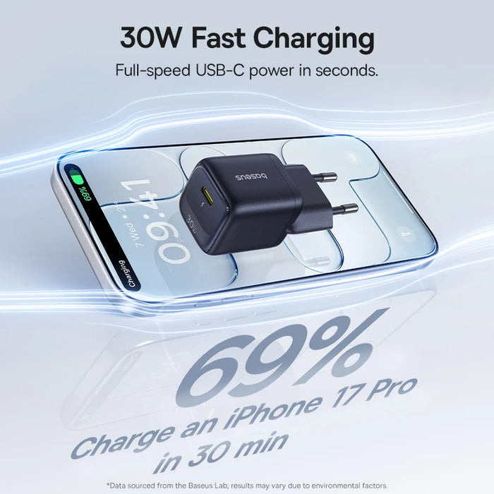 30W GaN USB‑C PD Fast Charger — Works with iPhone 12–17 & USB‑C Devices (EU Plug)