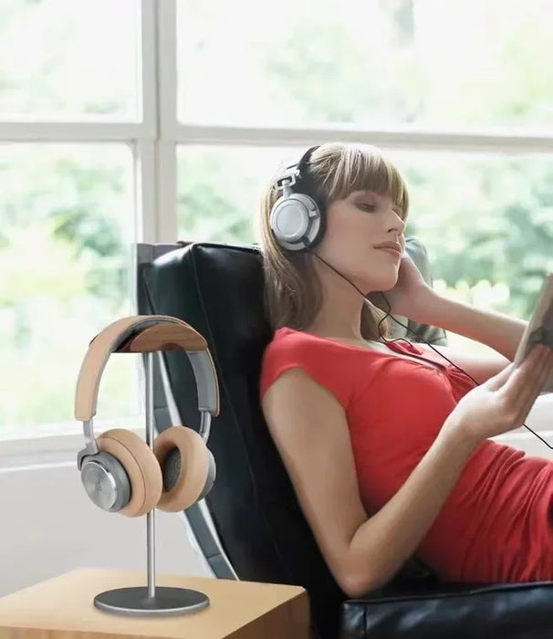 Black Walnut Wood and Aluminium Headphone Stand — Solid Metal Base Desk Headset Holder