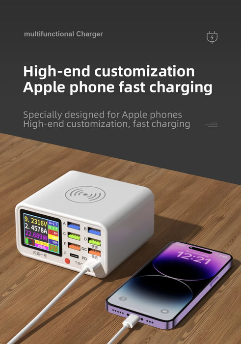 8-Port Wireless Fast Charging Station — 15W Wireless, 65W Total, PD & QC