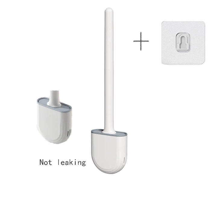 Wall-mounted Silicone Toilet Brush & Holder — Long Non-slip Handle, Ventilated Case, No-drill Fit