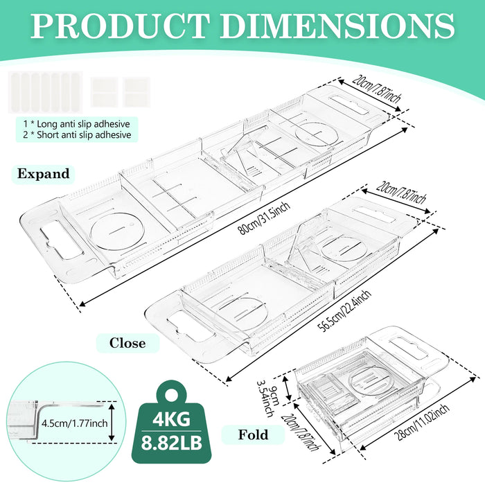 Expandable Transparent PET Bathtub Caddy Tray – Adjustable Bath Shelf with Cup Holders