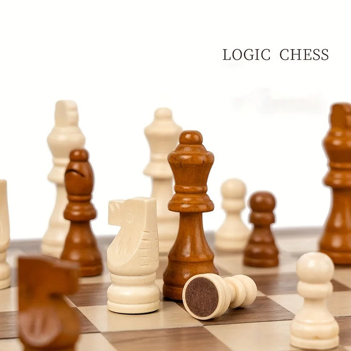 Wooden Folding Chess & Checkers Set — Portable Table Game with 2 Extra Queens, Beginner Friendly