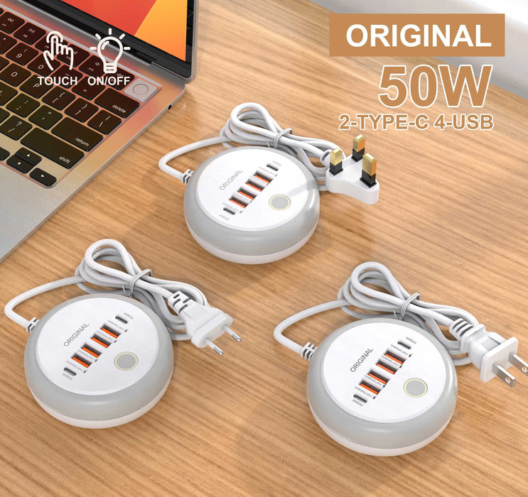 50W 6‑Port USB PD Desktop Charger — 2×USB‑C & 4×USB‑A