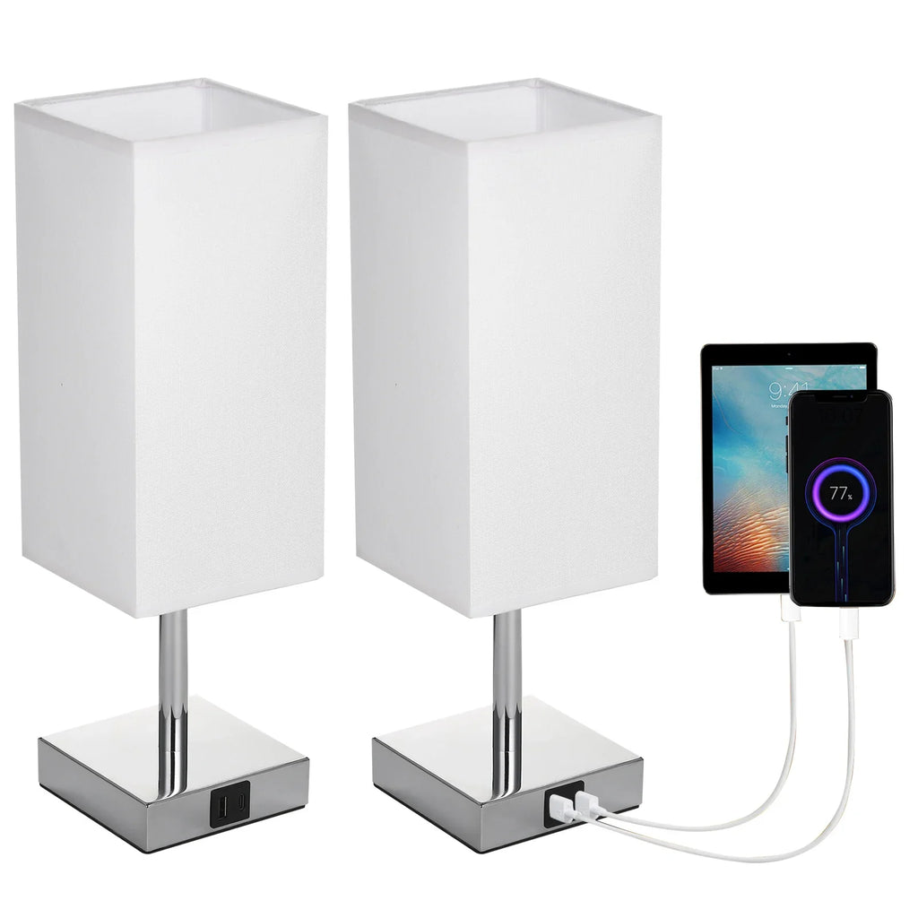 Lampe de table de chevet avec abat-jour en tissu - Ampoule LED blanc chaud, commande tactile, lampe de bureau, ports de charge USB A et Type-C - Idéal pour tables de nuit, bureaux de travail et espaces d'étude