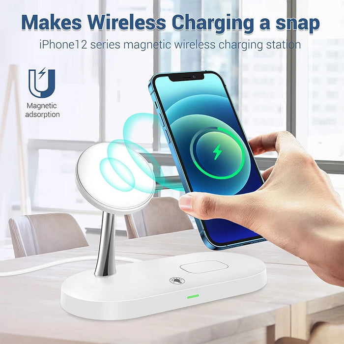 3-in-1 Magnetic Wireless Charger Stand for iPhone 12–17, Apple Watch Series 4–10 & AirPods (Qi)