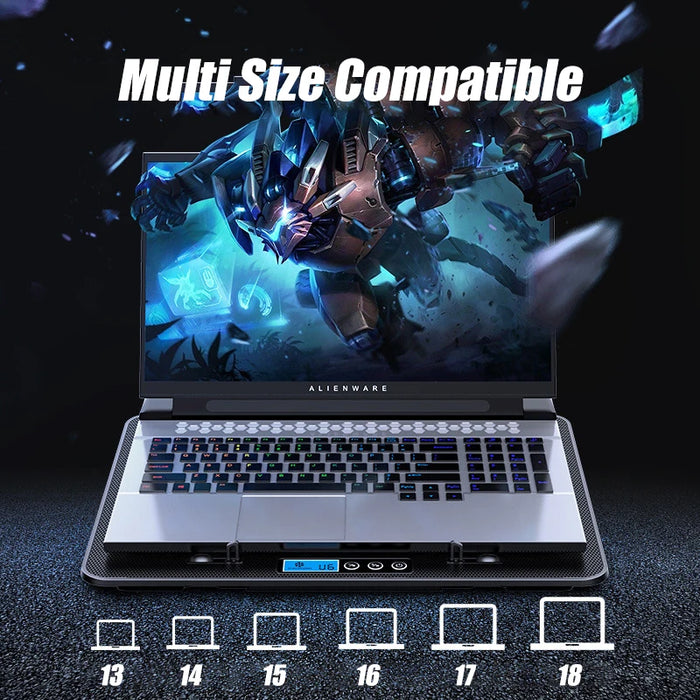 A9 RGB 6-Fan Laptop Cooler - Fits 13-18 inch Laptops, Metal Mesh Stand, 2 USB