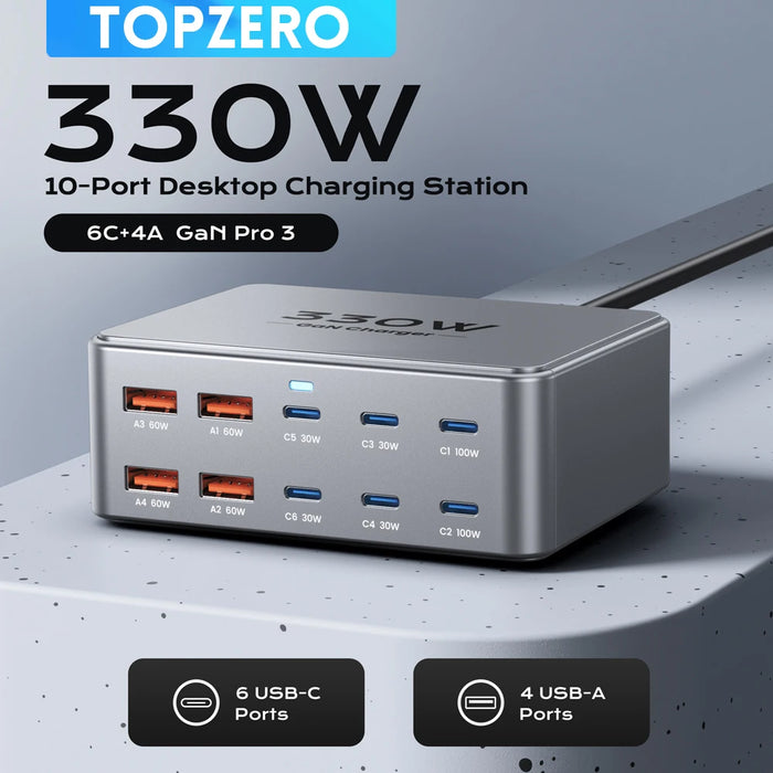 330W 10‑Port GaN USB‑C Charger — Dual 100W PD3.0/PPS Fast Charging Station