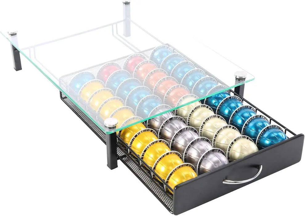 Vertuo/Vertuoline 40‑Pod Drawer Coffee Capsule Holder with Tempered Glass Tray