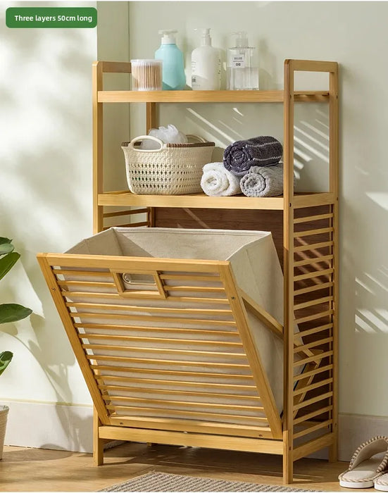 Adjustable Bamboo Laundry Hamper & Bathroom Rack with Pull-Out Shelves