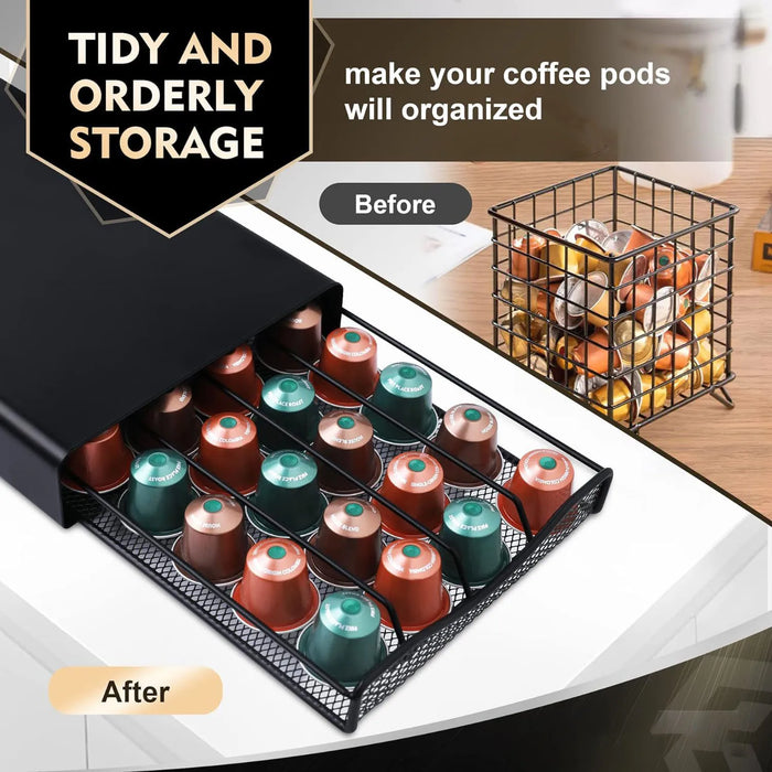 40-Capsule Coffee Pod Holder — Black Stainless Steel for Nespresso Capsules
