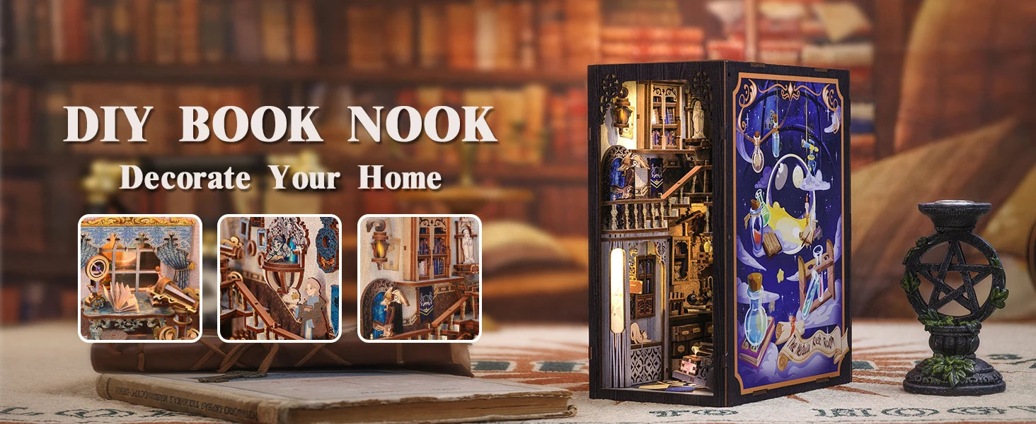 Book Nook Miniature Dollhouse Kit with Touch Light & Dust Cover — Nebula Common Room
