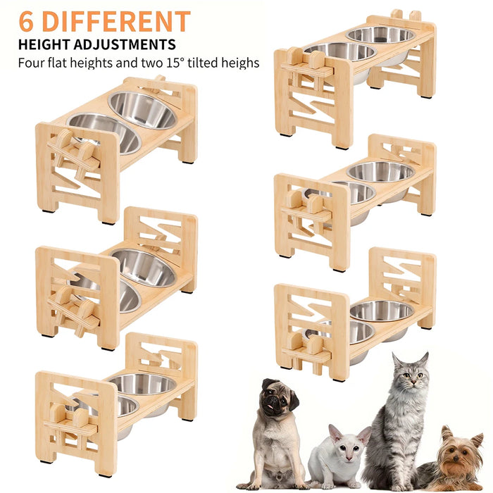 Adjustable Elevated Pet Feeder with 2 Stainless Steel Bowls – 6 Heights, 15° Tilt