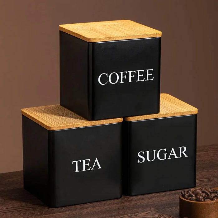 Set of 3 Metal Canisters with Bamboo Lids — 500ml (Coffee, Tea, Sugar)