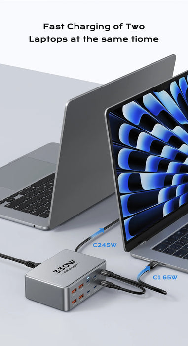 330W GaN 10‑Port USB Charger — 2×100W USB‑C, PD3.0/PPS/QC3.0, for MacBook Pro & iPhone 15/16