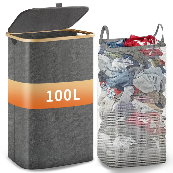 Slim Laundry Hamper — 100L or 160L Bamboo Basket with Removable Washable Bag & Handles