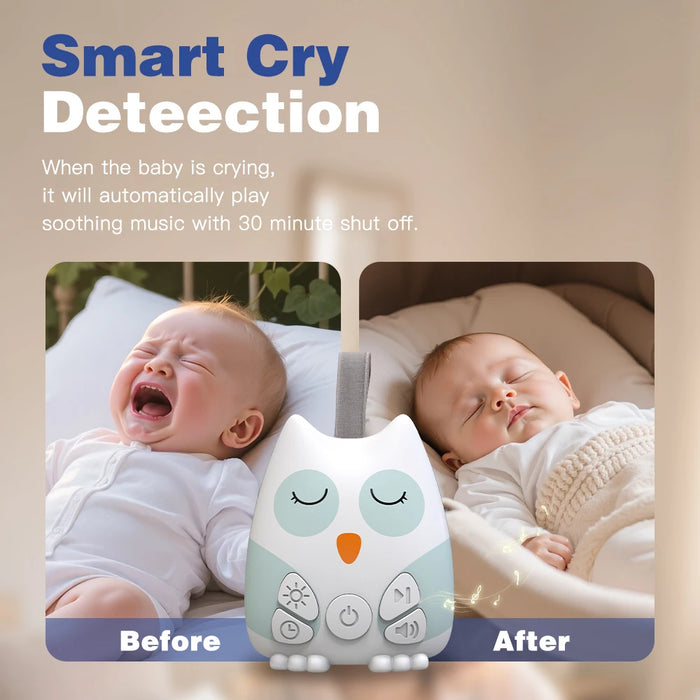 Owl-Shaped Portable White Noise Machine for Baby — 30 Soothing Sounds, Cry Sensor, Night Light, Rechargeable