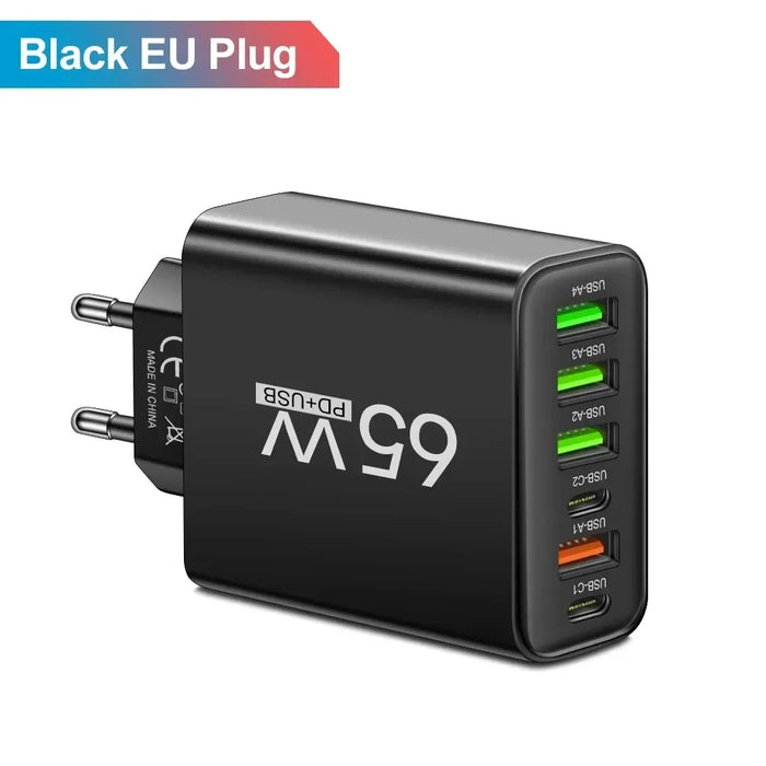 65W 6-Port USB PD Charger – 2x USB‑C PD + 4x USB Fast Wall Charger (EU/US)