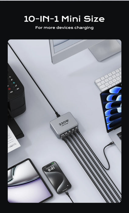 330W GaN 10‑Port USB Charger — 2×100W USB‑C, PD3.0/PPS/QC3.0, for MacBook Pro & iPhone 15/16
