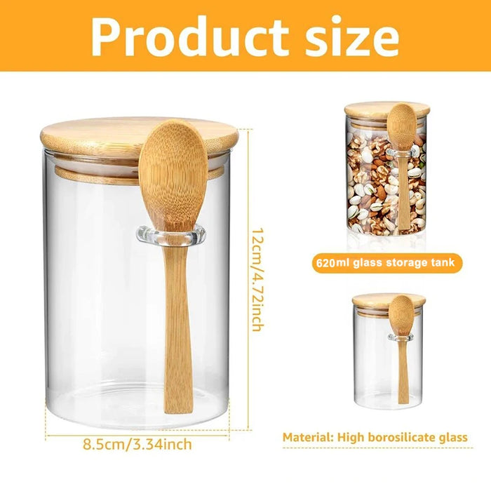 Borosilicate Glass Storage Jar with Bamboo Lid & Spoon, 620ml