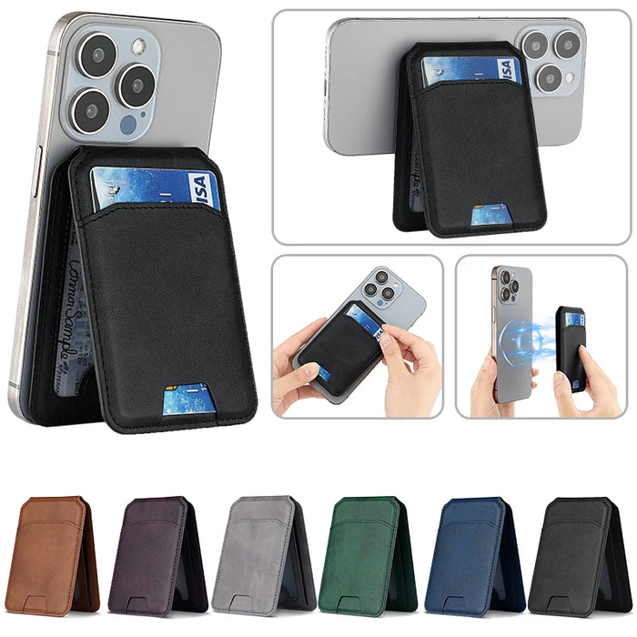 Magnetic PU Leather Wallet Phone Case — MagSafe Compatible with Card Pocket & Stand