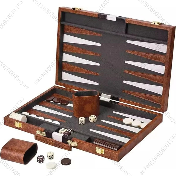 15-Inch Travel Leather Backgammon Set – Compact Portable Board