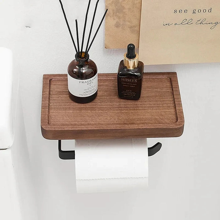 Wooden Toilet Roll Holder with Shelf — Wall-mounted, Rustproof Matt Black