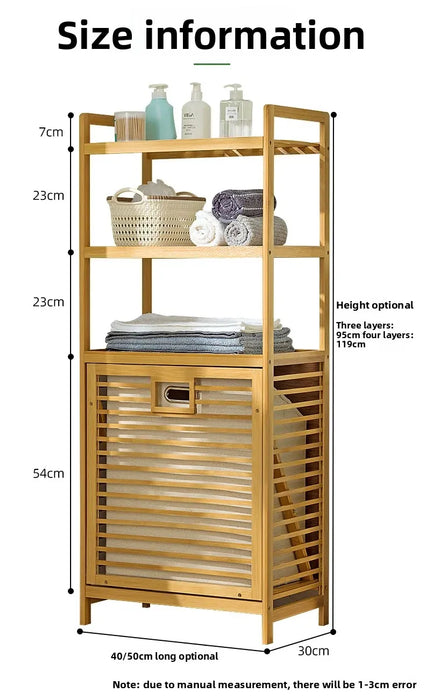 Adjustable Bamboo Laundry Hamper & Bathroom Rack with Pull-Out Shelves