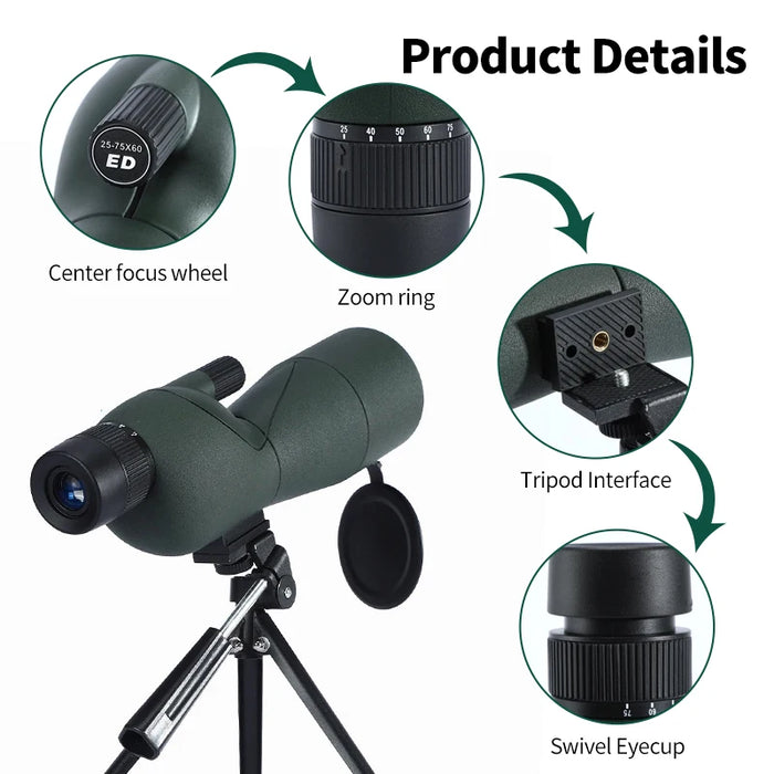 25–75x60 Zoom Spotting Scope — ED Lens & BAK4 Prism for Birdwatching and Outdoors