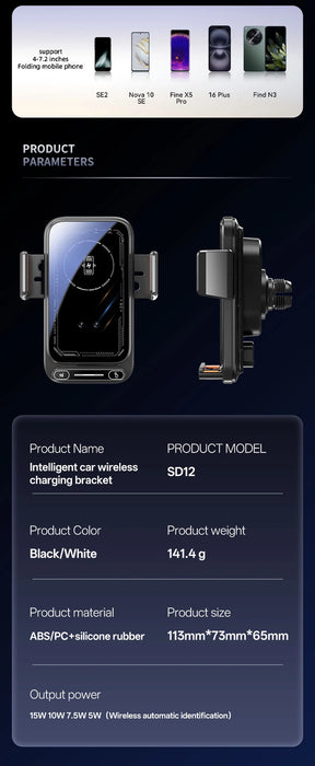 15W Car Phone Charger & Holder — Auto‑Sensing Vent Mount with One‑Touch Release