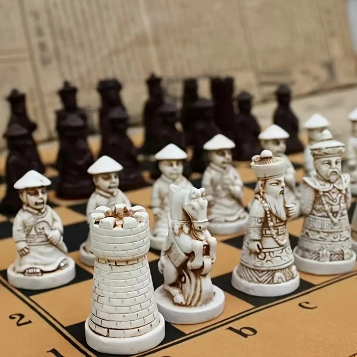 Retro Resin Chess Set with Qing Dynasty 3D Pieces — 28cm (11in) Board