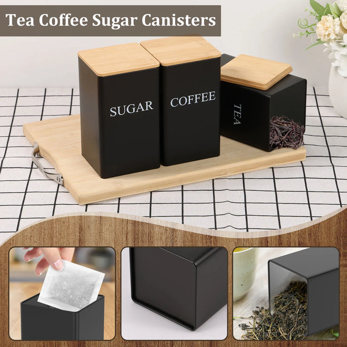 3‑Piece 1 L Coffee, Tea & Sugar Canisters with Airtight Bamboo Lids — Metal Storage Jars