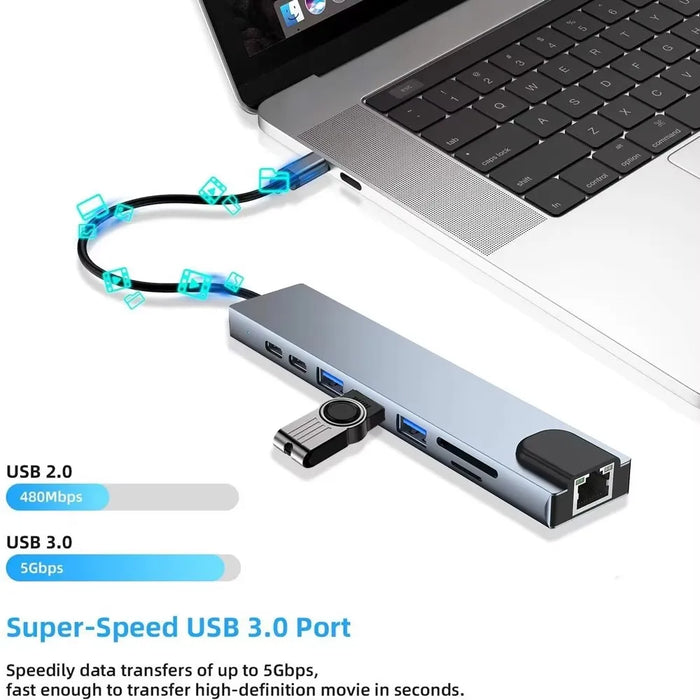 USB-C 8-in-1 Hub — HDMI 4K 30Hz, 100W PD, RJ45 100Mbps, SD/TF & USB 3.0