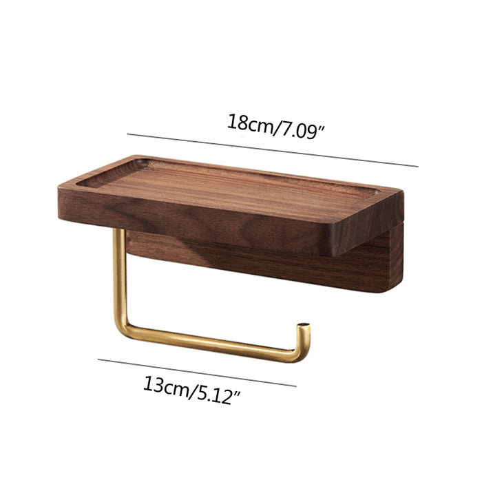 Wall-Mounted Toilet Roll Holder with Wood Shelf and Brass Fittings – Single Roll
