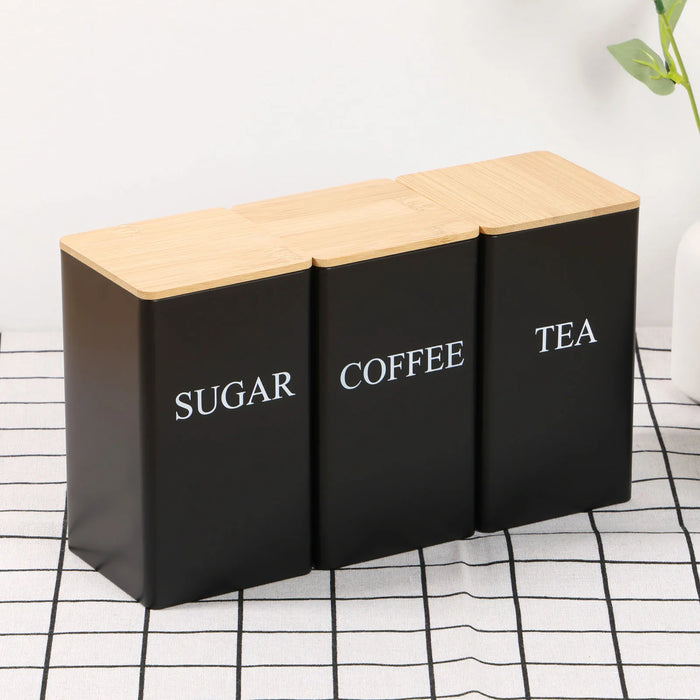 3‑Piece 1 L Coffee, Tea & Sugar Canisters with Airtight Bamboo Lids — Metal Storage Jars
