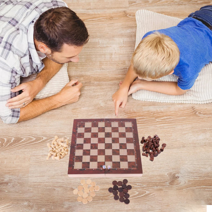 3-in-1 Wooden Chess, Checkers & Backgammon Set — Foldable 29 x 29cm Board