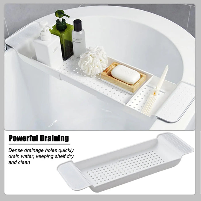 Expandable Drain Bath Shelf Caddy Tray — Plastic Bathtub Organiser (White/Black)