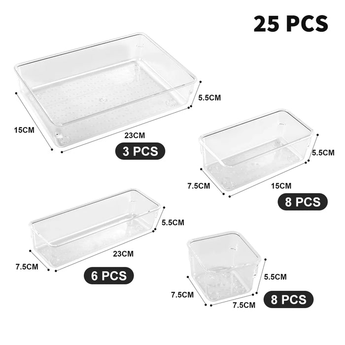25pc Clear Drawer Organiser Set – PS Plastic Dividers & Storage Bins for Desk, Dresser, Makeup