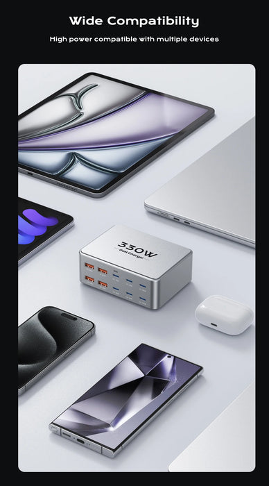 330W GaN 10‑Port USB Charger — 2×100W USB‑C, PD3.0/PPS/QC3.0, for MacBook Pro & iPhone 15/16