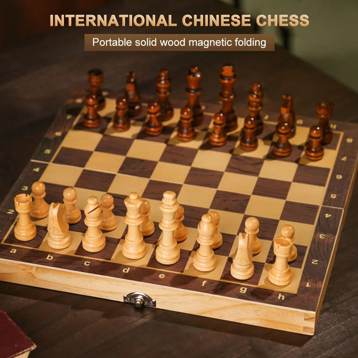 3-in-1 Wooden Chess, Checkers & Backgammon Set — Foldable 29 x 29cm Board