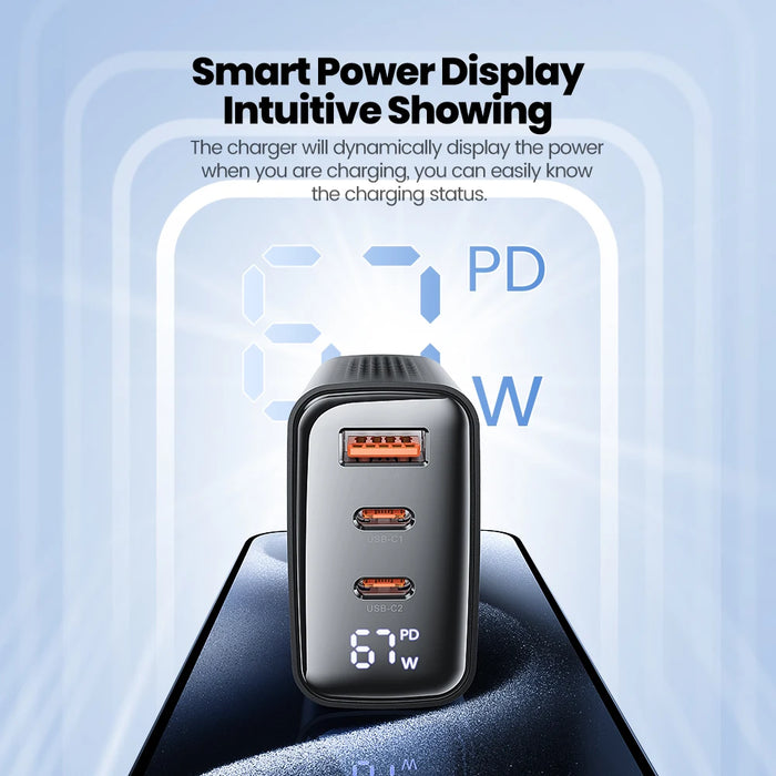 Toocki 67W GaN USB-C Charger with LED Display — 3-Port PD & Quick Charge