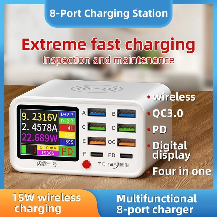 8-Port Wireless Fast Charging Station — 15W Wireless, 65W Total, PD & QC