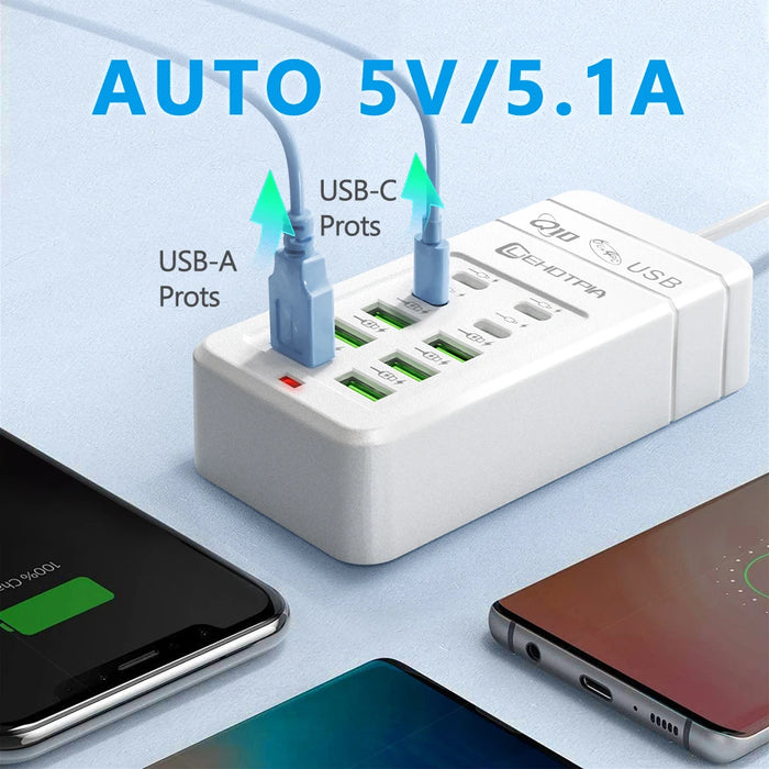 Portable Power Strip with USB‑A & USB‑C — 1.2m Cable, EU/UK/US Plug