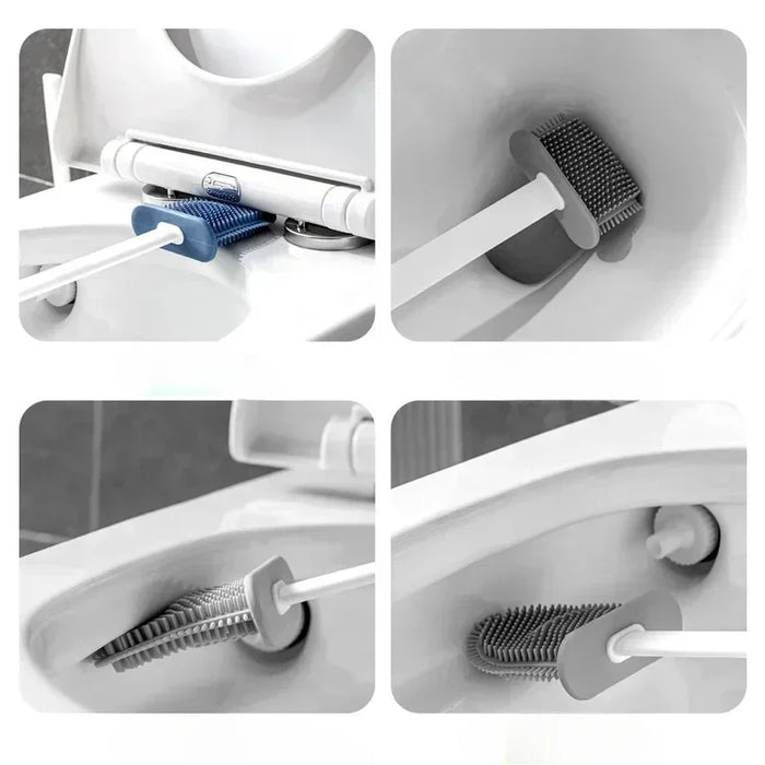 Silicone Toilet Brush with Flat Flexible Head and Wall-Mounted Holder