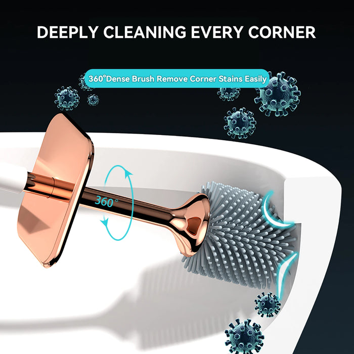 Aokala Silicone Toilet Brush & Holder — 40cm Long Handle, Wall or Floor Mount, Black or White with Rose Gold Trim