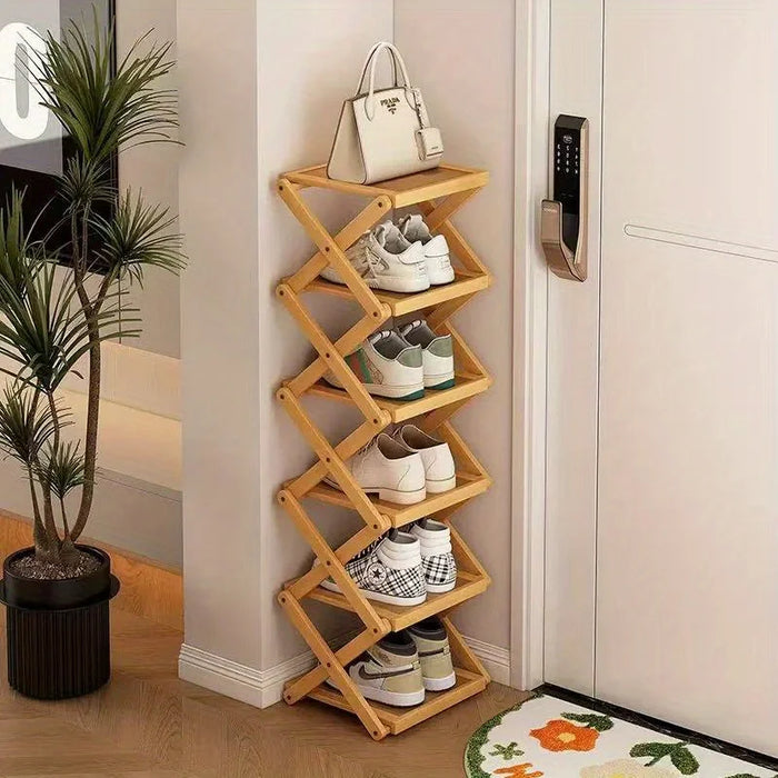 Bamboo Foldable Shoe Rack — Narrow Freestanding Shelf, 4/5/6-Tier for Hallway & Bedroom