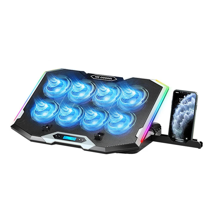 RGB Laptop Cooling Pad for 12–18 inch Laptops — 8 Fans, 3500 RPM, LCD Speed Control, 2 USB Ports