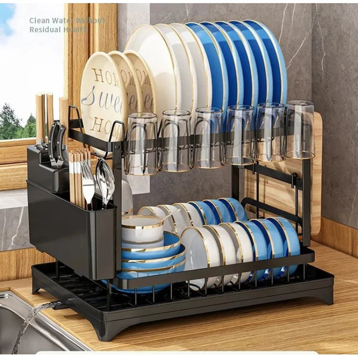 Stainless Steel 2-Tier Dish Rack — Fast-Drying & Stain-Free, Heavy-Duty Carbon Steel Frame